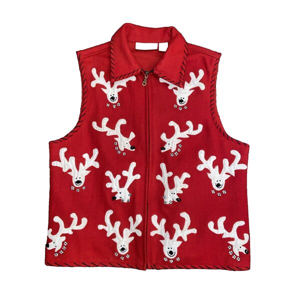 Life Style Red Christmas Vest Reindeer Appliques Full Zip Wool Women's LARGE - Picture 3 of 16